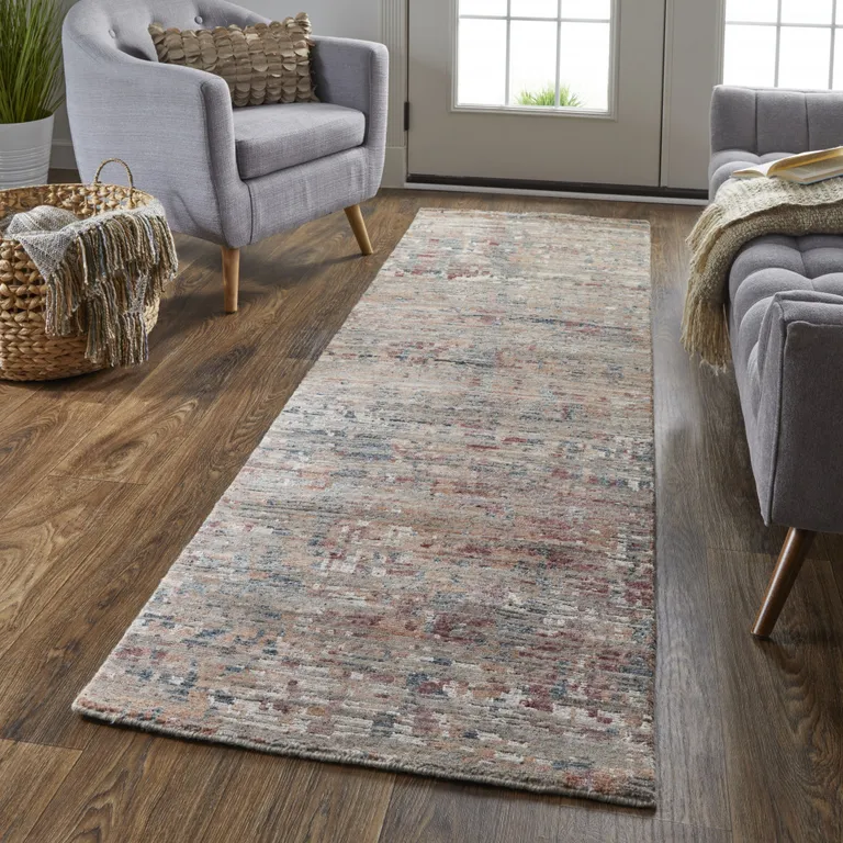 8' Red And Blue Wool Abstract Hand Knotted Runner Rug Photo 2