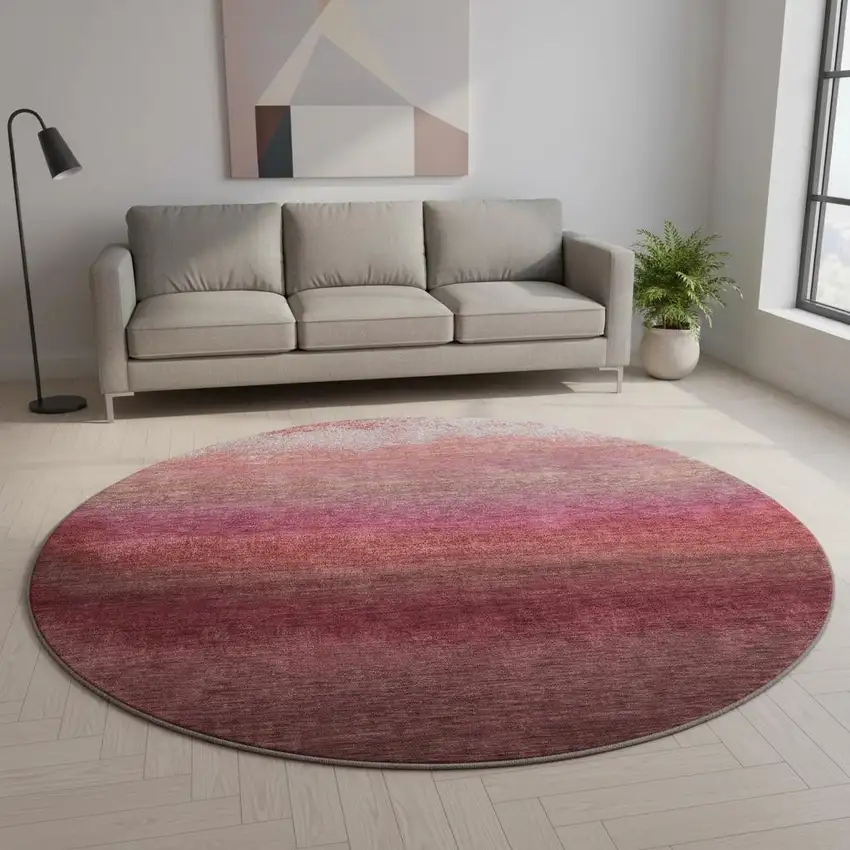 8' Red And Blush Ombre Washable Round Rug With UV Protection Photo 2