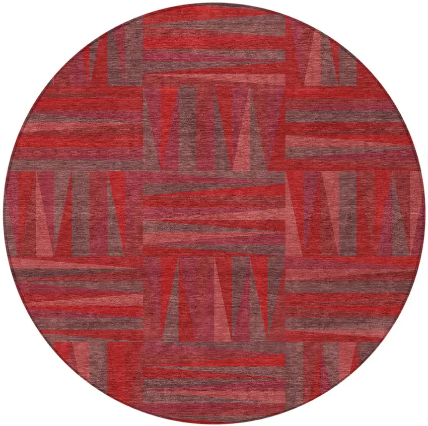 8' Red And Brown Round Geometric Washable Indoor Outdoor Area Rug Photo 5