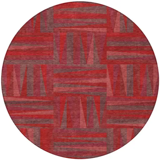8' Red And Brown Round Geometric Washable Indoor Outdoor Area Rug Photo 5