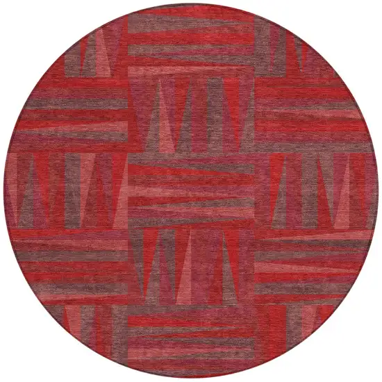 8' Red And Brown Round Geometric Washable Indoor Outdoor Area Rug Photo 4
