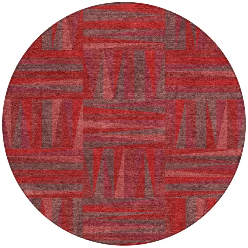 8' Red And Brown Round Geometric Washable Indoor Outdoor Area Rug Photo 4