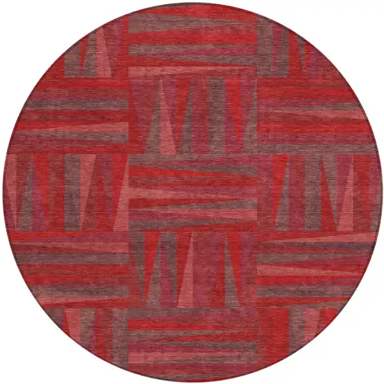 8' Red And Brown Round Geometric Washable Indoor Outdoor Area Rug Photo 2