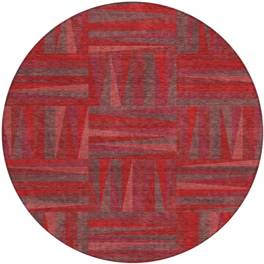 8' Red And Brown Round Geometric Washable Indoor Outdoor Area Rug Photo 2