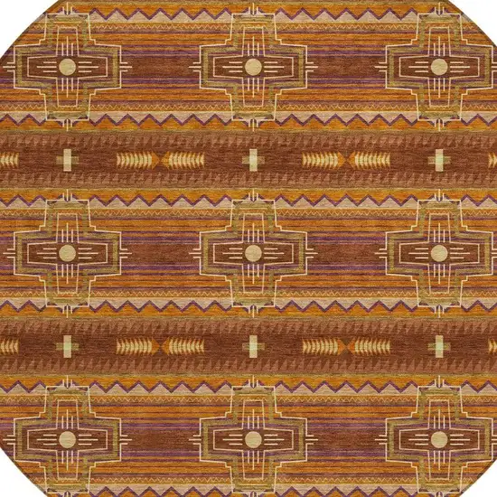 8' Red And Brown Round Tribal Washable Indoor Outdoor Area Rug Photo 4