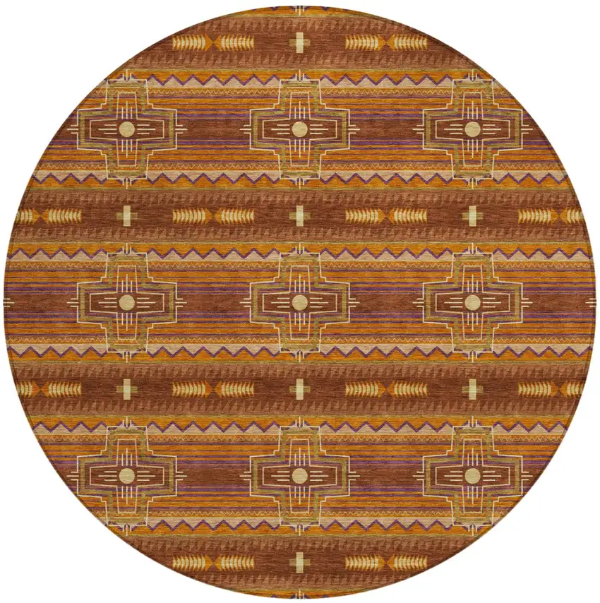 8' Red And Brown Round Tribal Washable Indoor Outdoor Area Rug Photo 2
