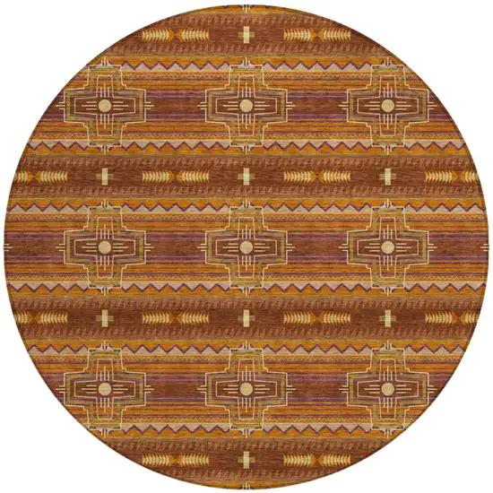 8' Red And Brown Round Tribal Washable Indoor Outdoor Area Rug Photo 2