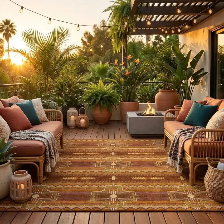 8' Red And Brown Round Tribal Washable Indoor Outdoor Area Rug Photo 1