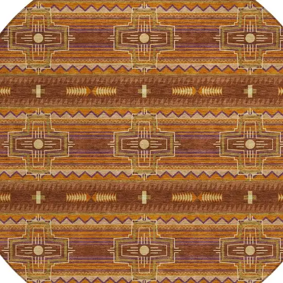 8' Red And Brown Round Tribal Washable Indoor Outdoor Area Rug Photo 5