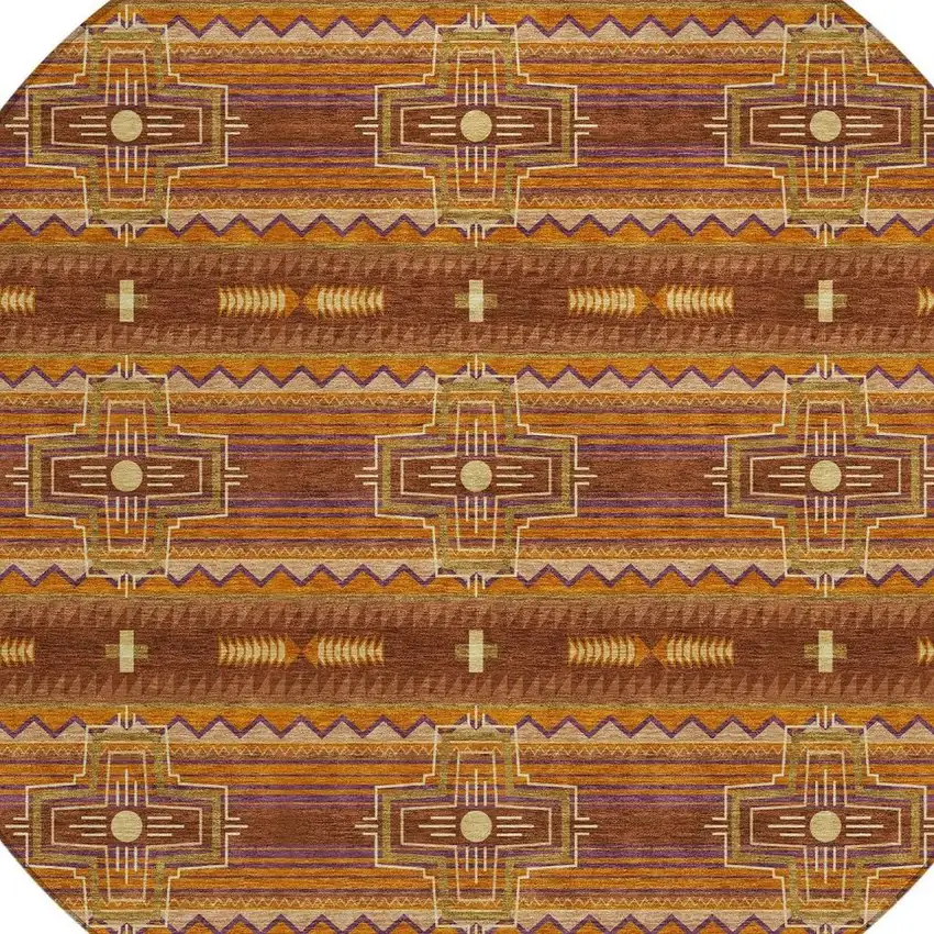 8' Red And Brown Round Tribal Washable Indoor Outdoor Area Rug Photo 5