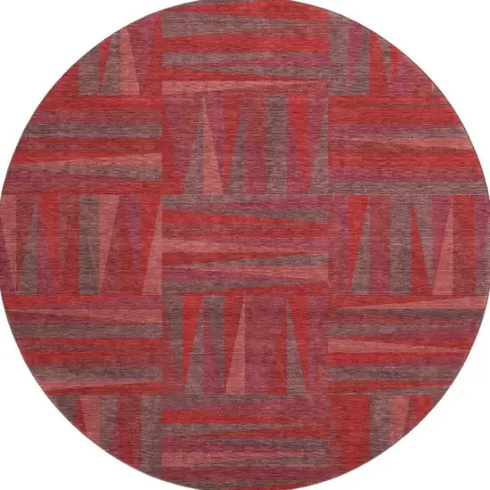 8' Red And Burgundy Geometric Washable Round Rug With UV Protection Photo 3