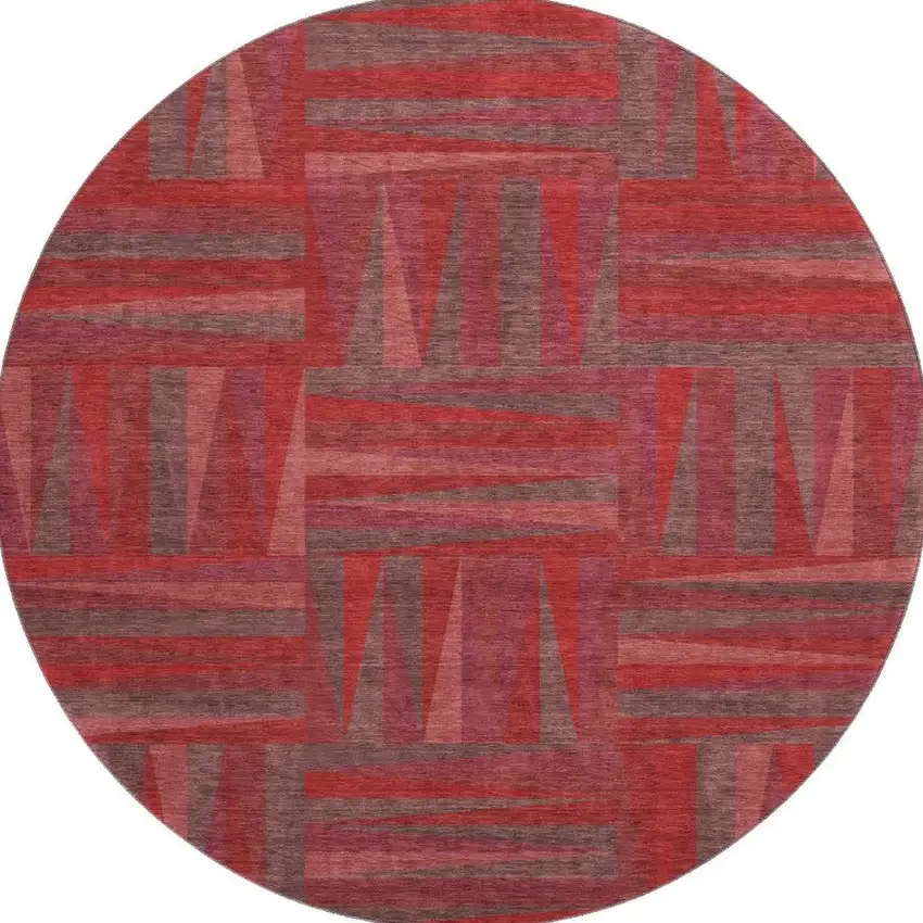 8' Red And Burgundy Geometric Washable Round Rug With UV Protection Photo 3