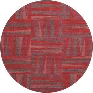 Photo of 8' Red And Burgundy Geometric Washable Round Rug With UV Protection