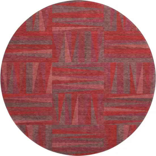 8' Red And Burgundy Geometric Washable Round Rug With UV Protection Photo 1