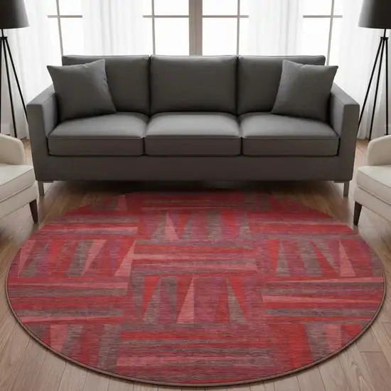8' Red And Burgundy Geometric Washable Round Rug With UV Protection Photo 2