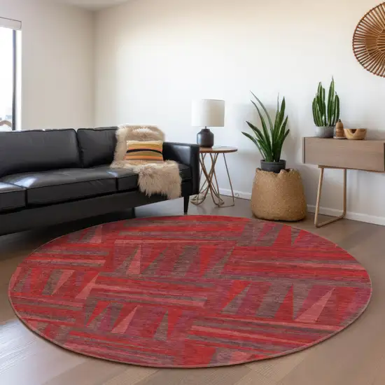 8' Red And Burgundy Geometric Washable Round Rug With UV Protection Photo 4