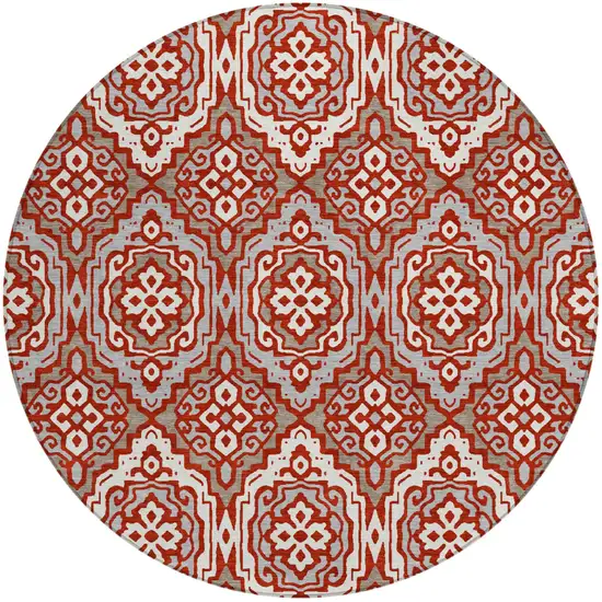 8' Red And Denim Blue Round Tribal Washable Indoor Outdoor Area Rug Photo 2