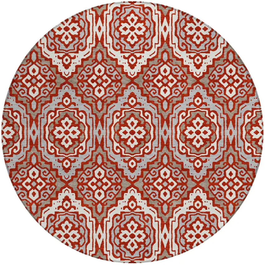 8' Red And Denim Blue Round Tribal Washable Indoor Outdoor Area Rug Photo 2