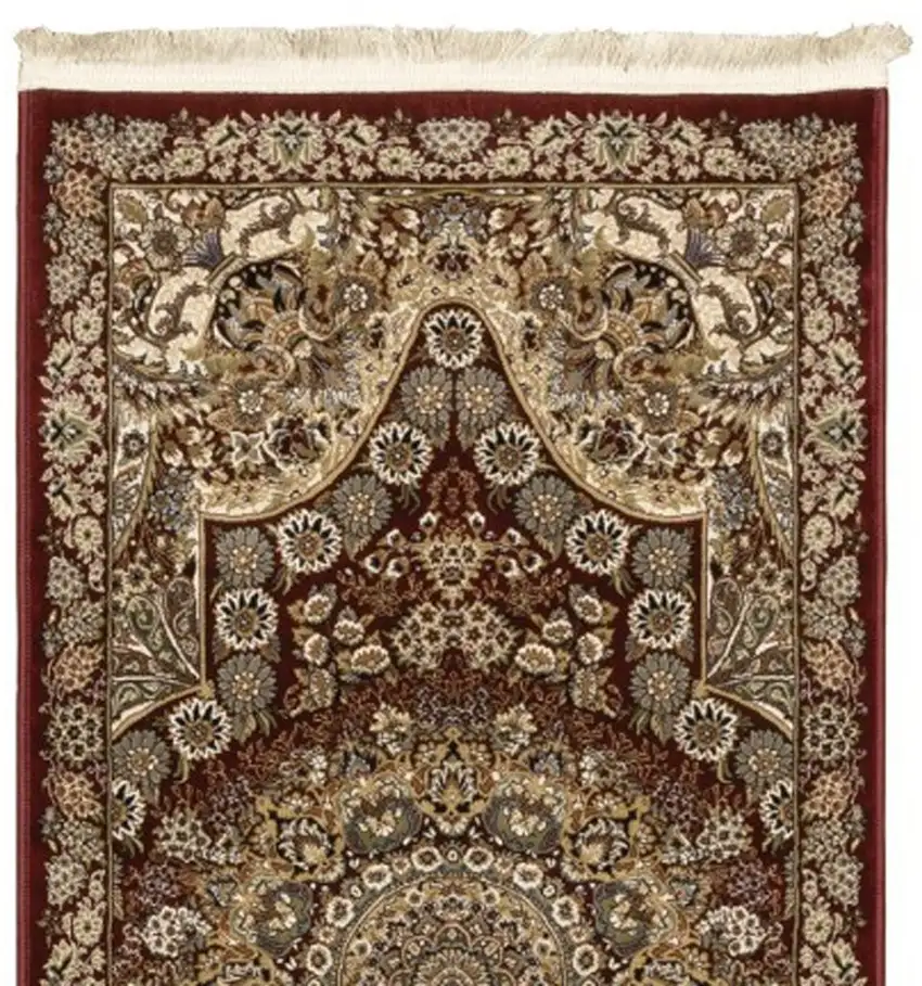 10' Red And Gold Medallion Runner Rug With Fringe Photo 4