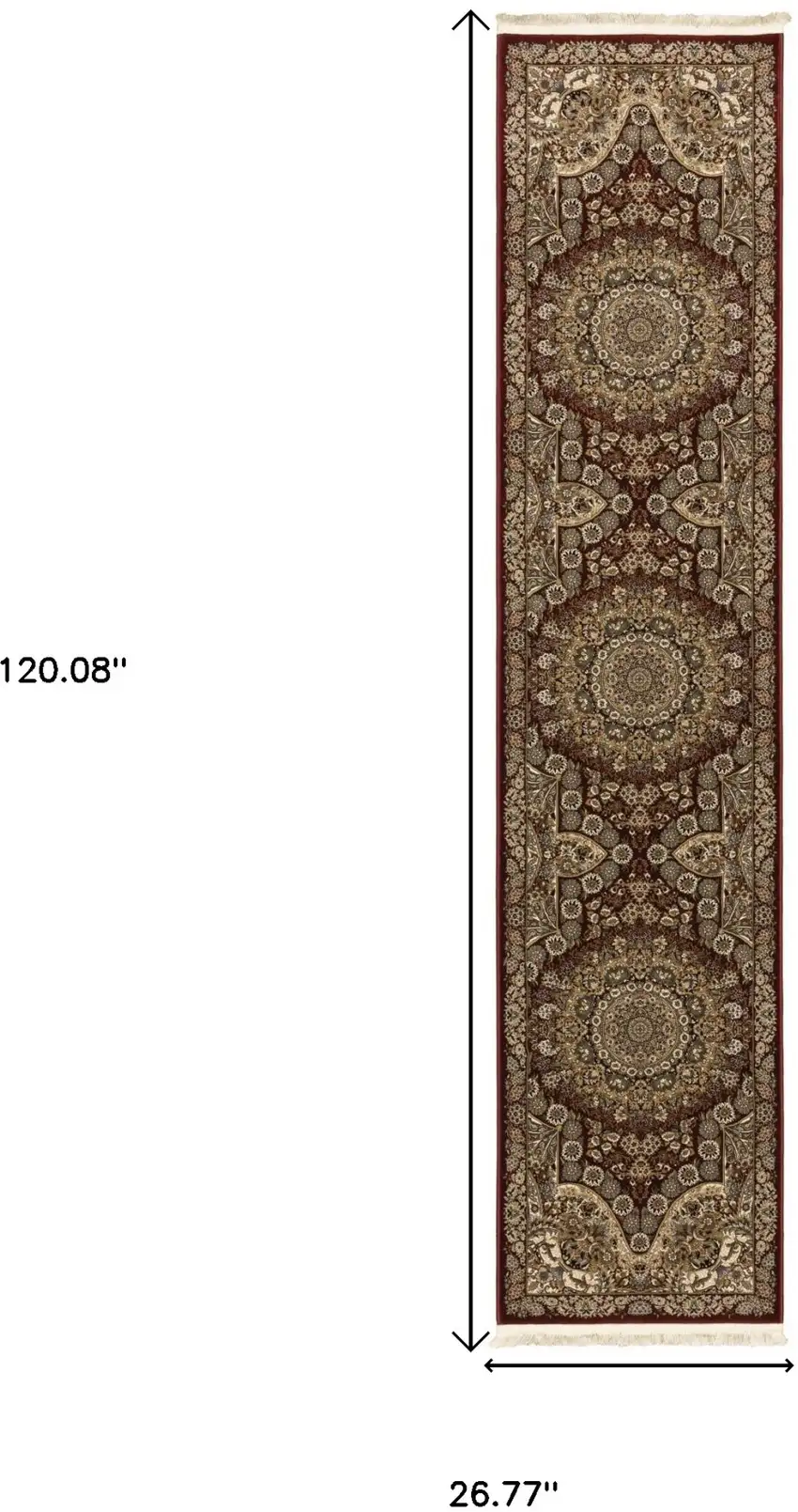 10' Red And Gold Medallion Runner Rug With Fringe Photo 3