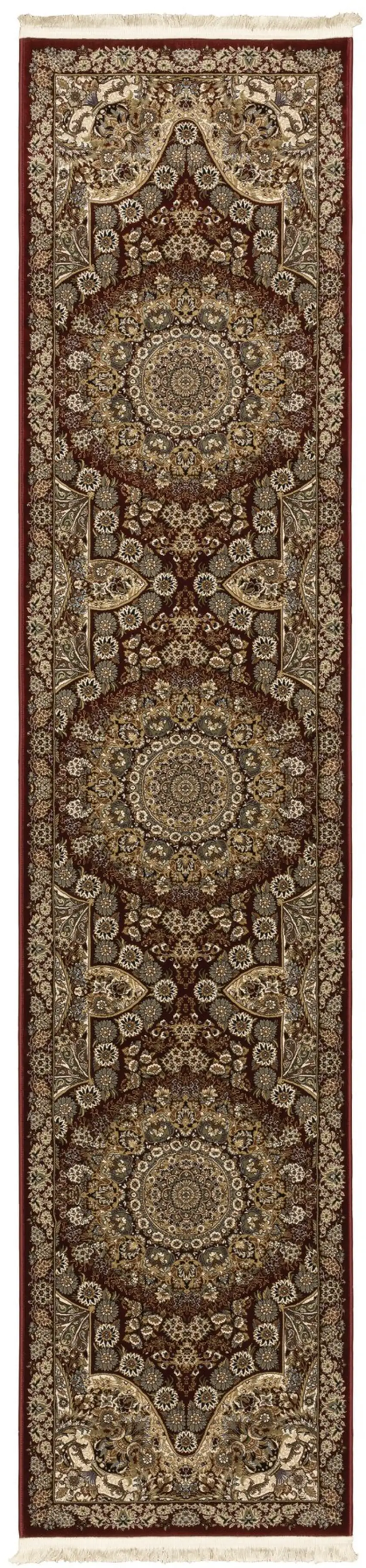 10' Red And Gold Medallion Runner Rug With Fringe Photo 2