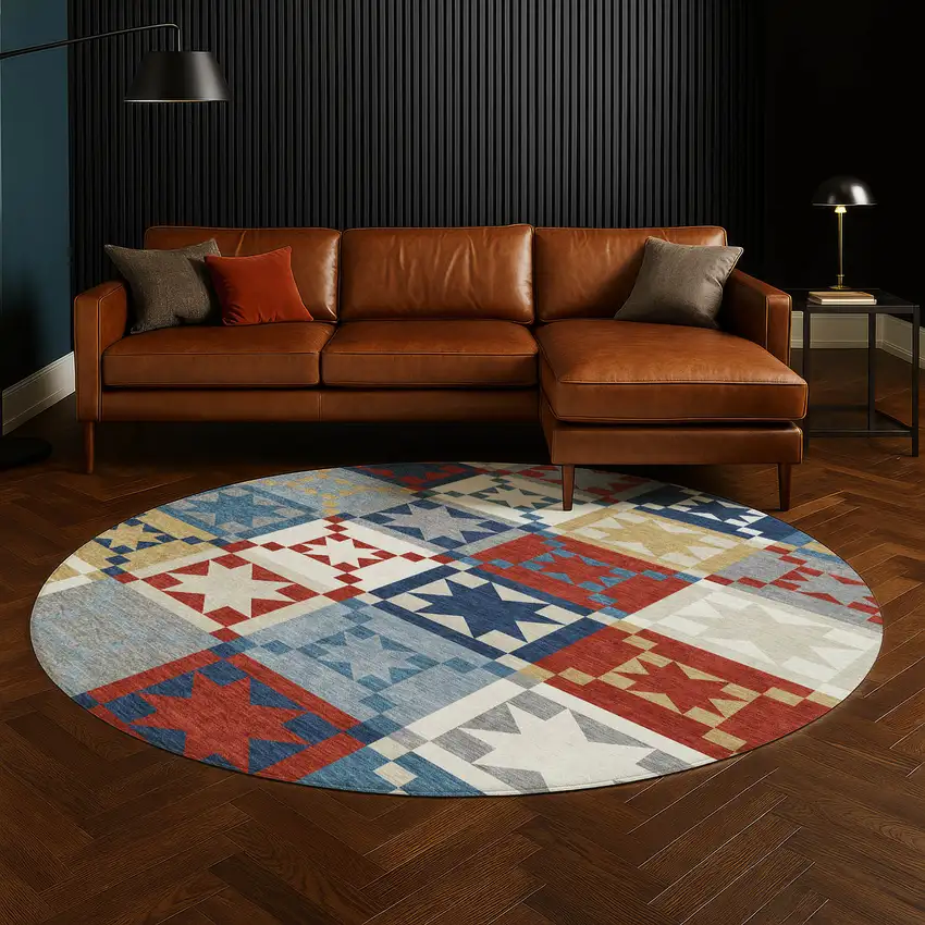 8' Red And Gold Round Patchwork Washable Indoor Outdoor Area Rug Photo 5