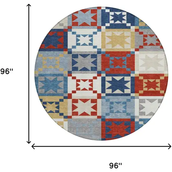8' Red And Gold Round Patchwork Washable Indoor Outdoor Area Rug Photo 8