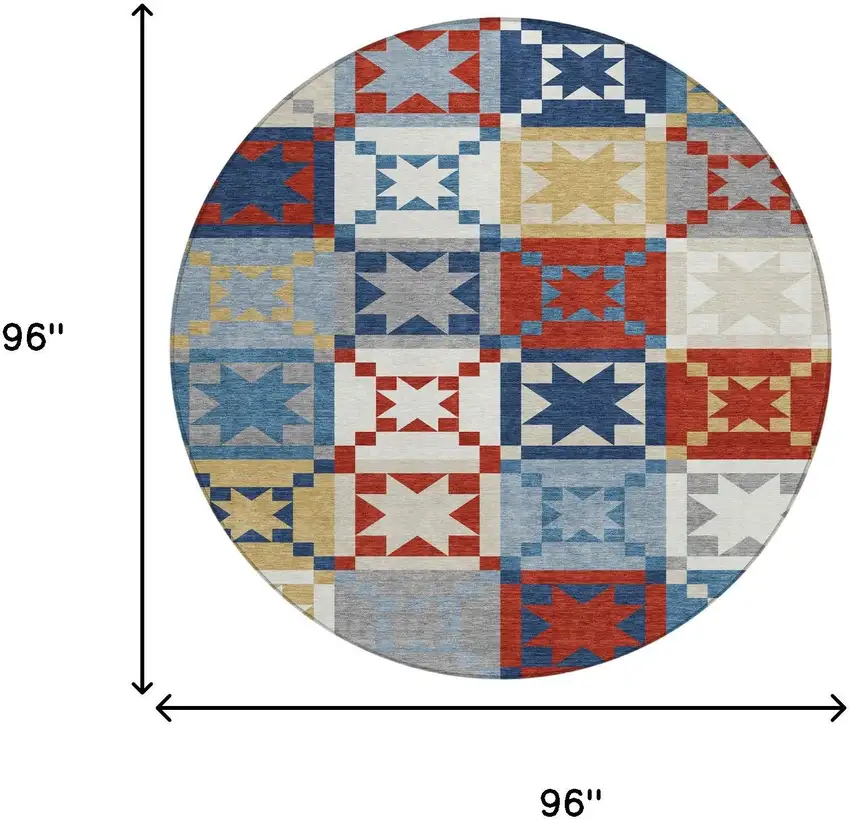 8' Red And Gold Round Patchwork Washable Indoor Outdoor Area Rug Photo 8