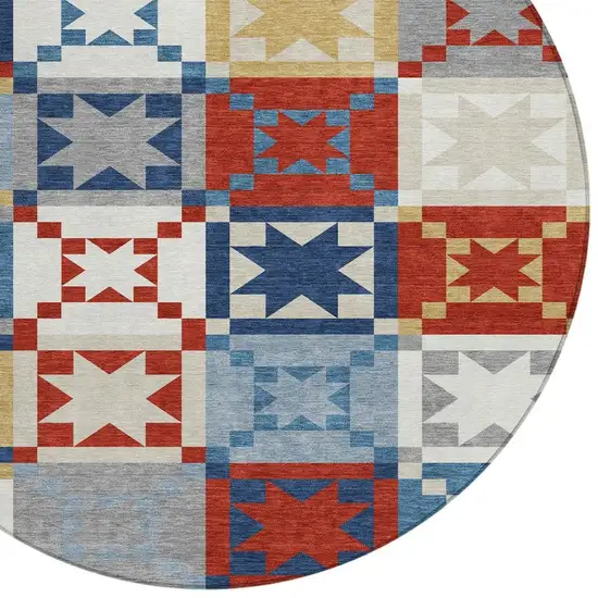 8' Red And Gold Round Patchwork Washable Indoor Outdoor Area Rug Photo 2