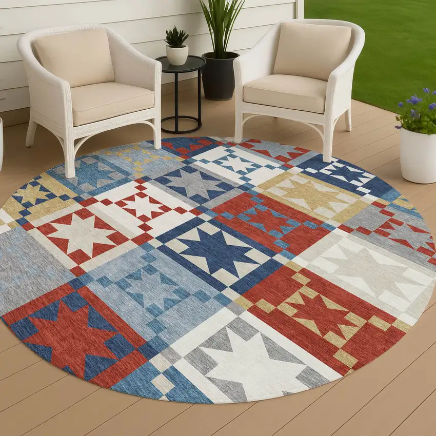 8' Red And Gold Round Patchwork Washable Indoor Outdoor Area Rug Photo 4
