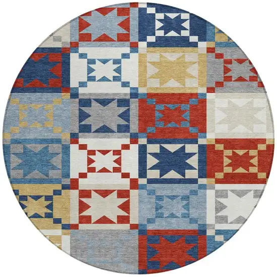 8' Red And Gold Round Patchwork Washable Indoor Outdoor Area Rug Photo 3