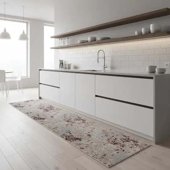 8' Red And Gray Abstract Distressed Washable Runner Rug Photo 1