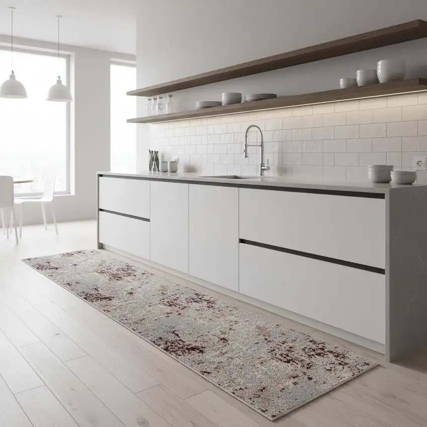 8' Red And Gray Abstract Distressed Washable Runner Rug Photo 1