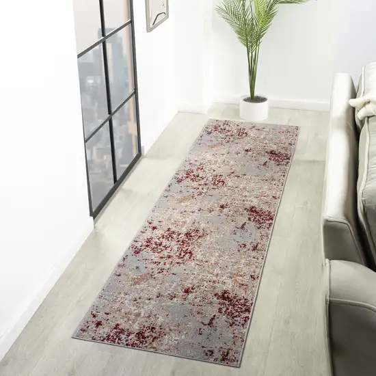 8' Red And Gray Abstract Distressed Washable Runner Rug Photo 4