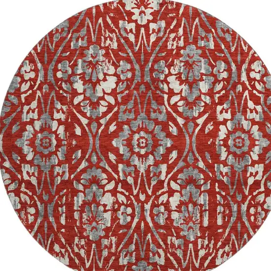 8' Red And Gray Floral Washable Round Rug With UV Protection Photo 3