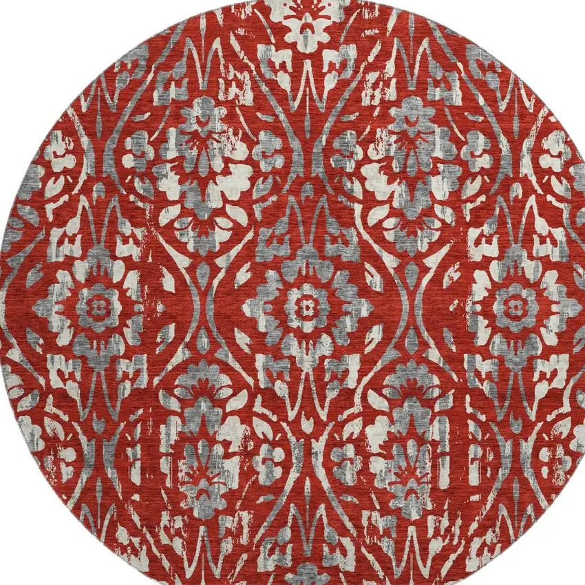 8' Red And Gray Floral Washable Round Rug With UV Protection Photo 3