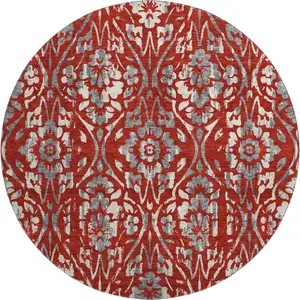Photo of 8' Red And Gray Floral Washable Round Rug With UV Protection