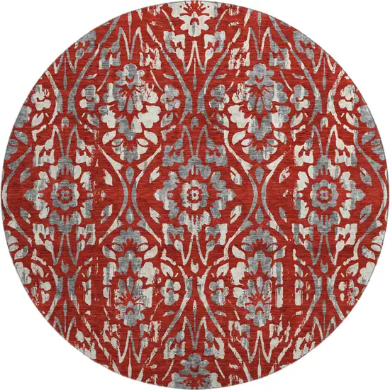 8' Red And Gray Floral Washable Round Rug With UV Protection Photo 1