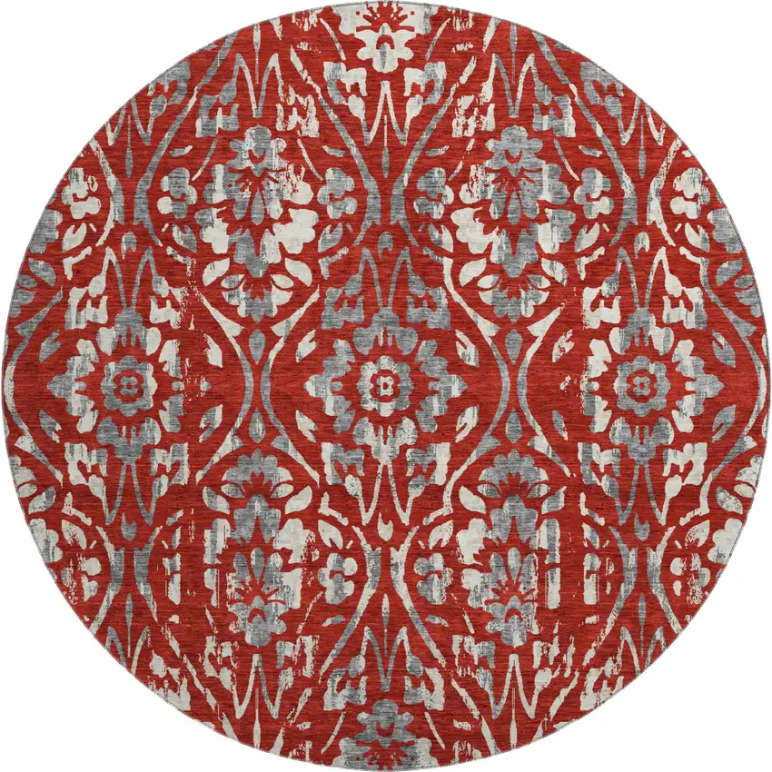 8' Red And Gray Floral Washable Round Rug With UV Protection Photo 1