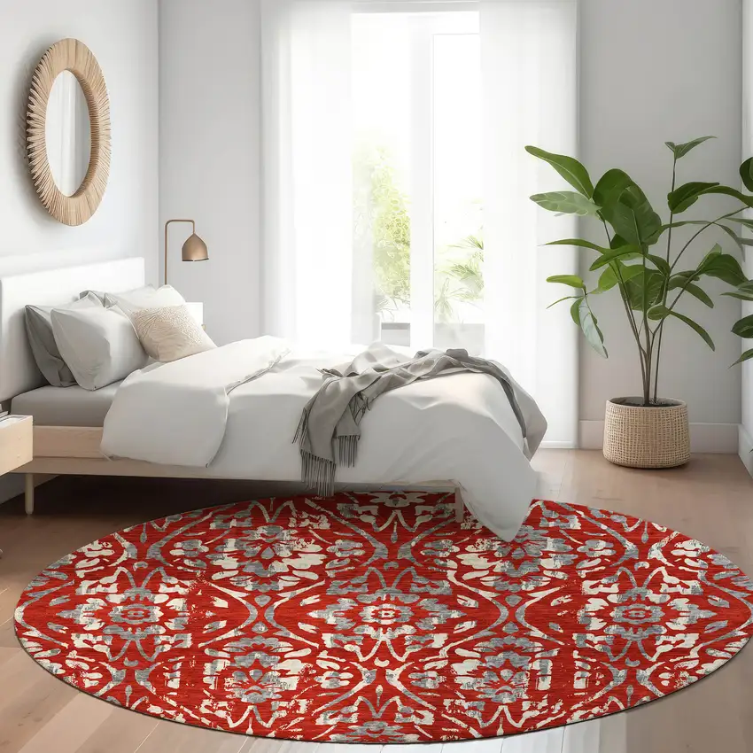 8' Red And Gray Floral Washable Round Rug With UV Protection Photo 5