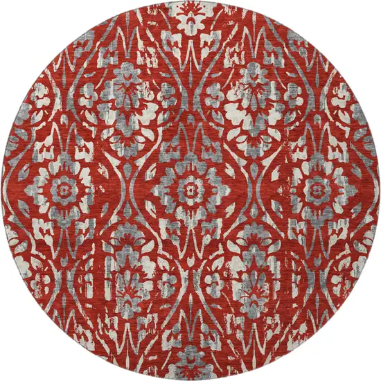 8' Red And Gray Floral Washable Round Rug With UV Protection Photo 4