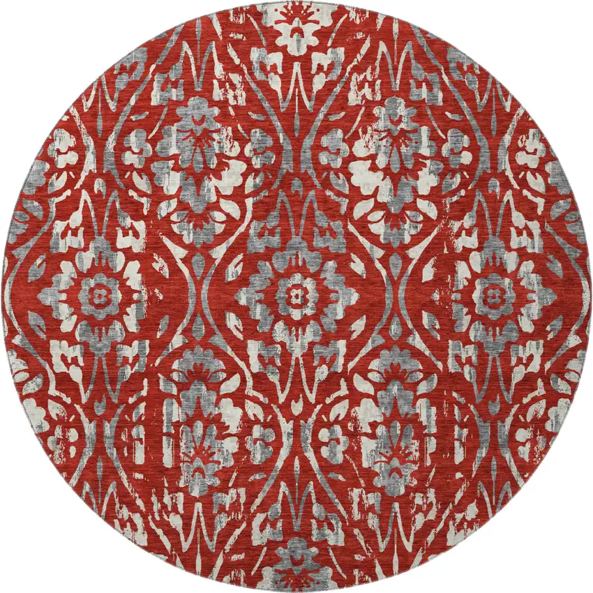 8' Red And Gray Floral Washable Round Rug With UV Protection Photo 4