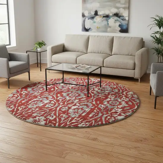 8' Red And Gray Floral Washable Round Rug With UV Protection Photo 2