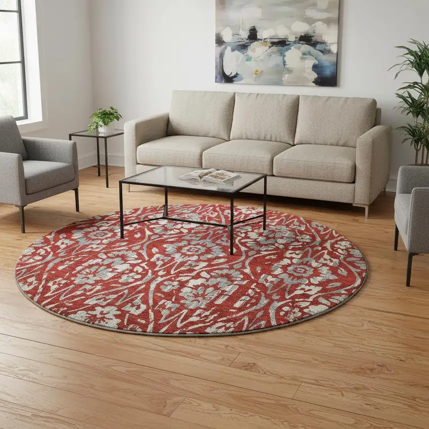 8' Red And Gray Floral Washable Round Rug With UV Protection Photo 2