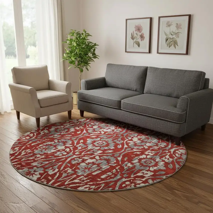 8' Red And Gray Floral Washable Round Rug With UV Protection Photo 1