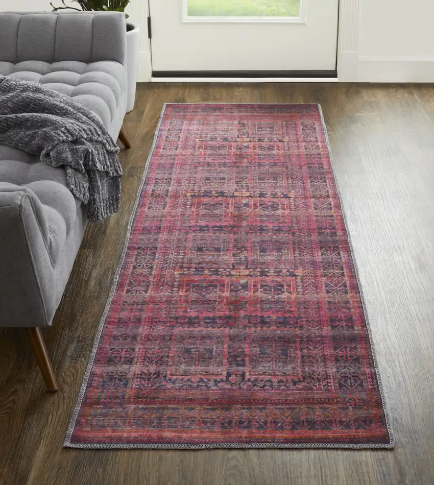 8' Red And Gray Geometric Power Loom Runner Rug Photo 5