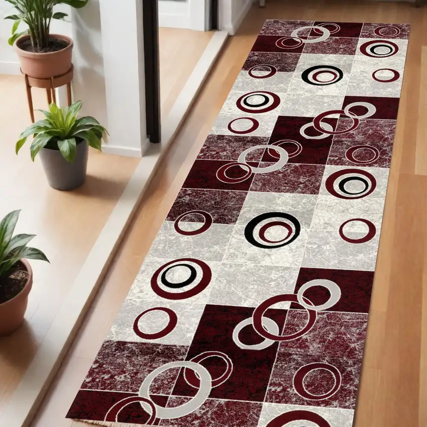 6' Red And Gray Geometric Runner Rug Photo 2