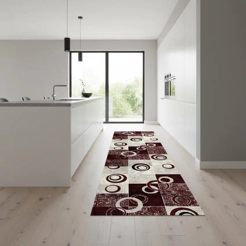 9' Red And Gray Geometric Runner Rug Photo 1