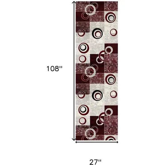 9' Red And Gray Geometric Runner Rug Photo 3