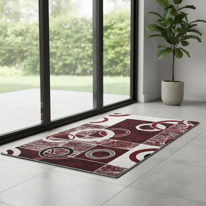 7' Red And Gray Geometric Runner Rug Photo 1